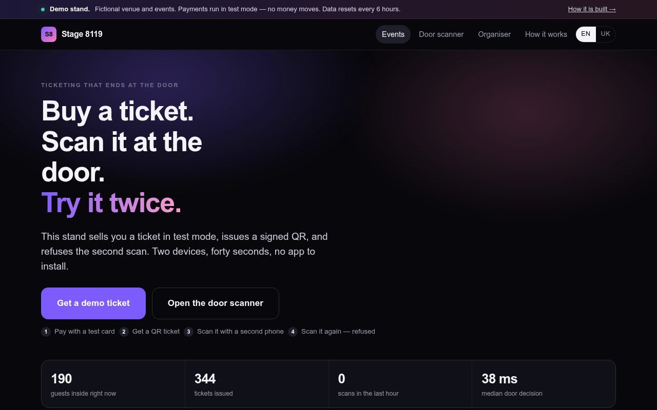 Tickets: payment → QR ticket → check-in with scanner, no repeat entry