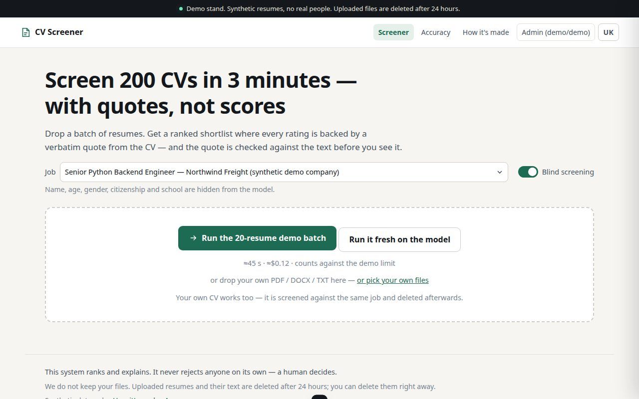 AI resume screening: shortlist with reasoning and quotes.