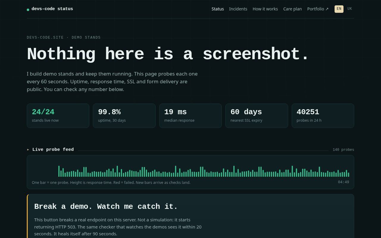 Public page with live status of all demos (uptime, SSL, forms)